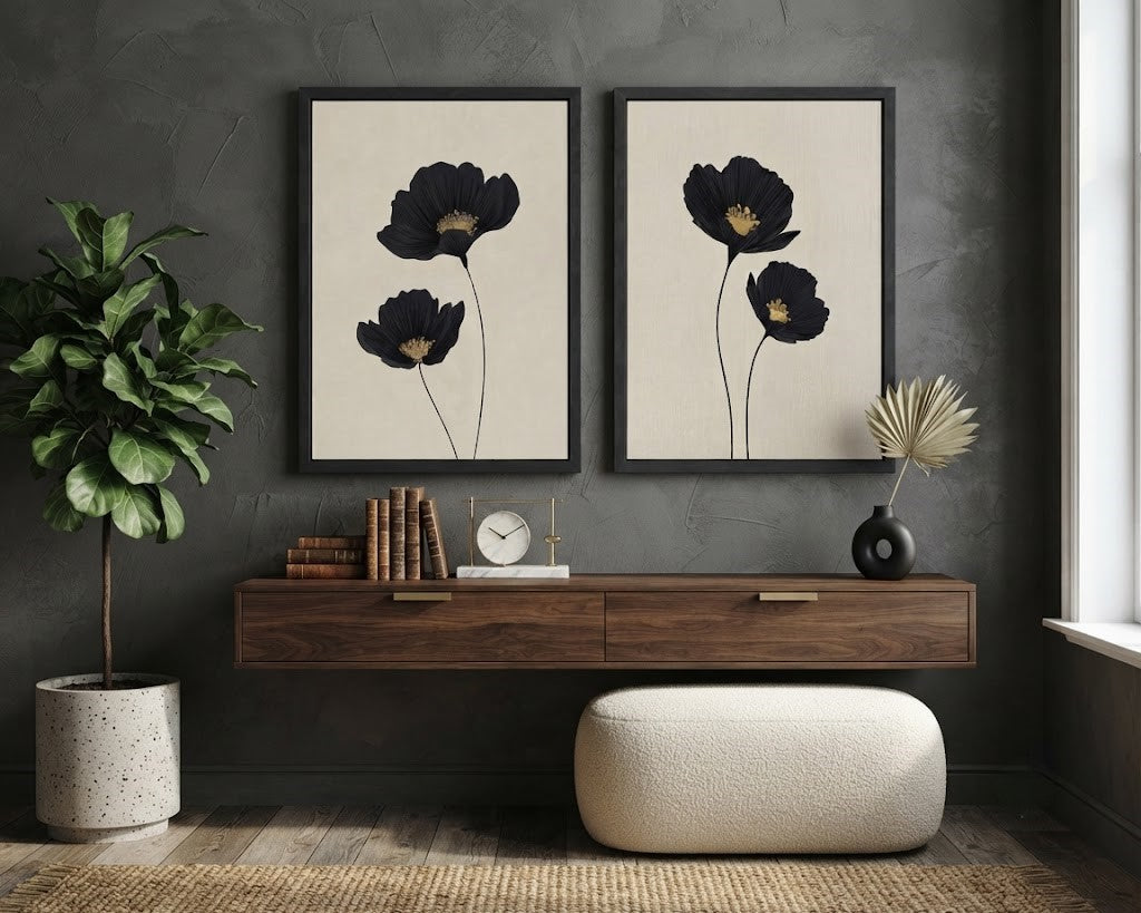 Minimalist Black Floral Wall Art Set of 2 – Elegant Botanical Poppy Prints with Black Frames