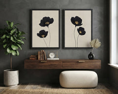 Minimalist Black Floral Wall Art Set of 2 – Elegant Botanical Poppy Prints with Black Frames