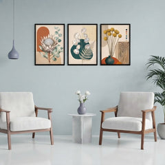 Boho Botanical Wall Art Set of 3 – Abstract Earthy Floral Prints with Black Frames
