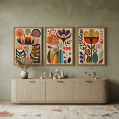 Retro Floral Wall Art Set of 3 – Vibrant Vintage Abstract Flower Prints with Wood Frames
