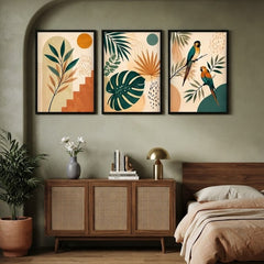 Tropical Paradise Wall Art Set of 3 – Abstract Parrot and Palm Leaf Prints with Black Frames