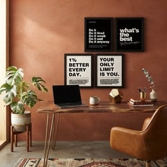 Daily Grind: 4-Piece Minimalist Motivational Wall Art Set – Typography Quotes Framed Prints Trio