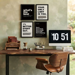 Daily Grind: 4-Piece Minimalist Motivational Wall Art Set – Typography Quotes Framed Prints Trio