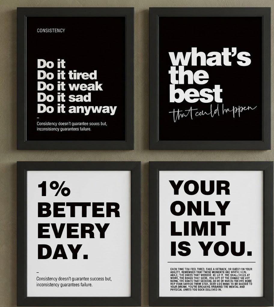 Daily Grind: 4-Piece Minimalist Motivational Wall Art Set – Typography Quotes Framed Prints Trio