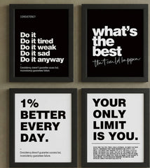Daily Grind: 4-Piece Minimalist Motivational Wall Art Set – Typography Quotes Framed Prints Trio