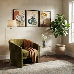 Boho Botanical Wall Art Set of 3 – Abstract Earthy Floral Prints with Black Frames