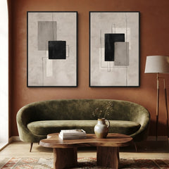 Set of 2 Modern Minimalist Abstract Canvas Wall Art | Neutral Geometric Framed Prints for Living Room & Bedroom
