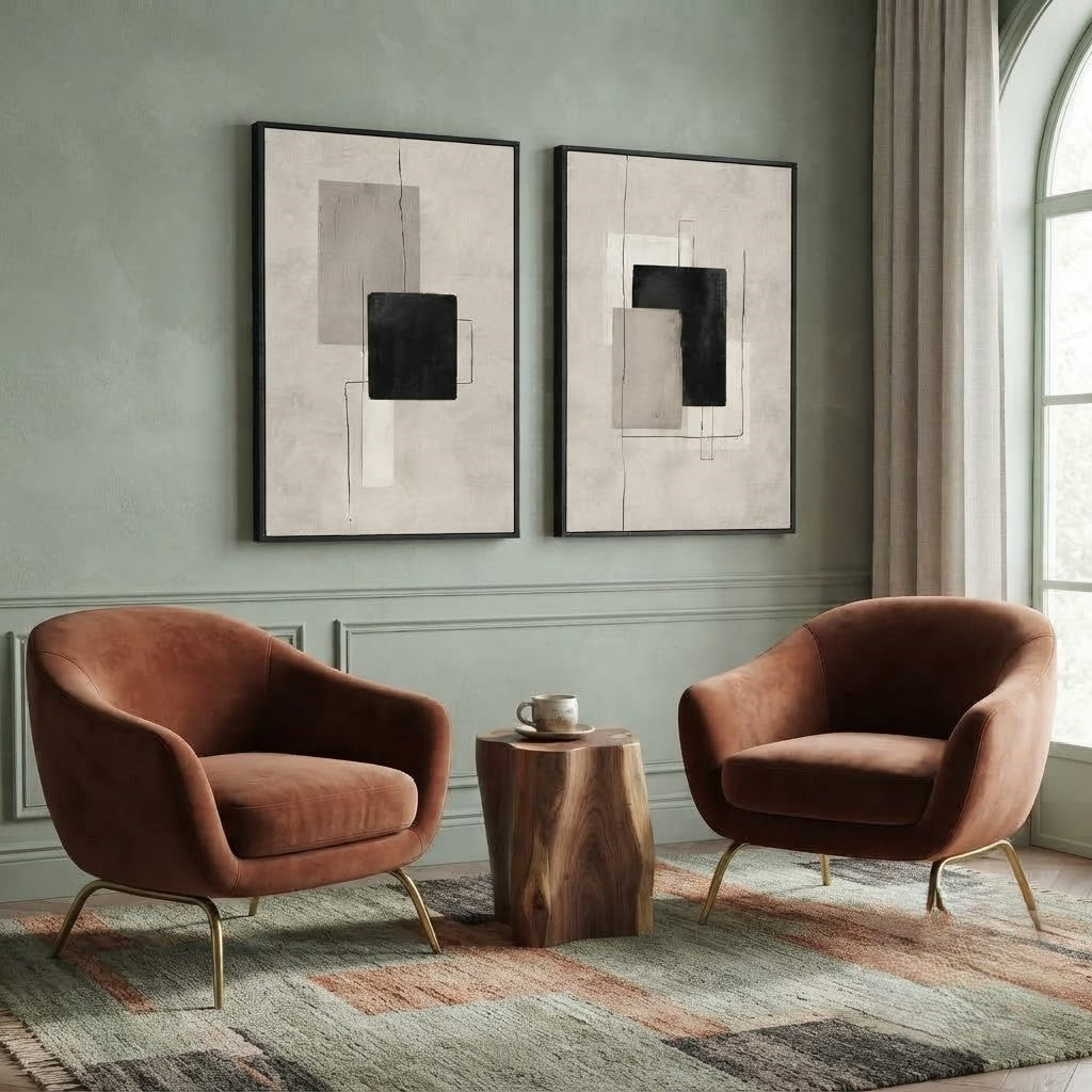 Set of 2 Modern Minimalist Abstract Canvas Wall Art | Neutral Geometric Framed Prints for Living Room & Bedroom