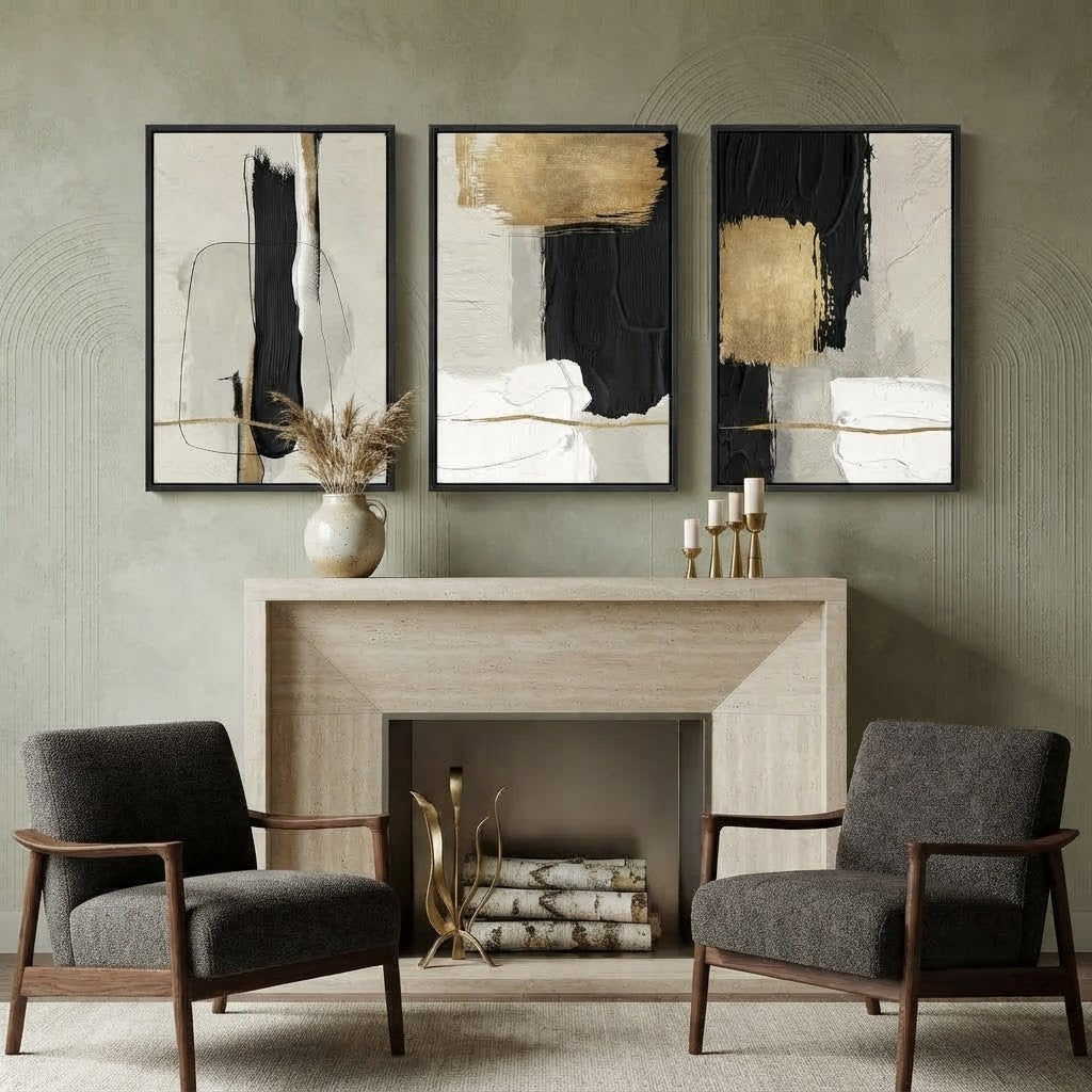 Modern Abstract Wall Art Set of 3 – Black, White, and Gold Brushstroke Prints with Black Frames