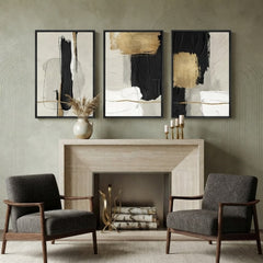 Modern Abstract Wall Art Set of 3 – Black, White, and Gold Brushstroke Prints with Black Frames