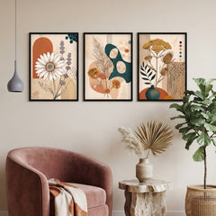 Boho Floral Wall Art Set of 3 – Abstract Daisy and Botanical Prints with Black Frames