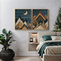 Rustic Mountain Wall Art Set of 2 – Geometric Wood-Style Pine Trees and Moon Prints with Wood Frames