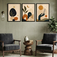 Celestial Boho Wall Art Set of 3 – Abstract Sun, Moon, and Botanical Prints with Black Frames