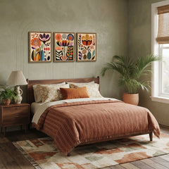 Retro Floral Wall Art Set of 3 – Vibrant Vintage Abstract Flower Prints with Wood Frames