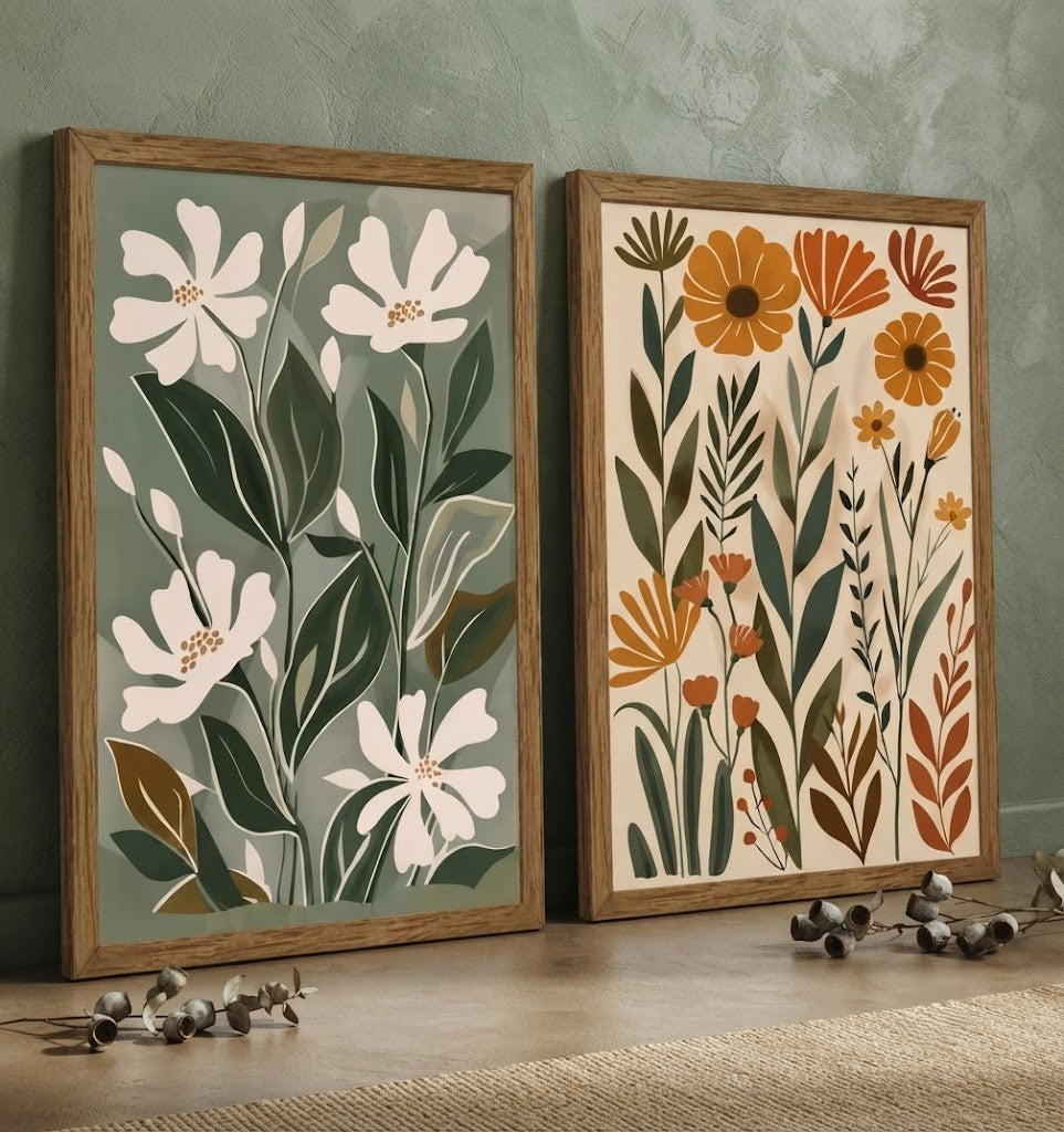 Boho Botanical Wall Art Set of 2 – Neutral Sage and Terracotta Floral Prints with Wood Frames