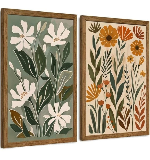 Boho Botanical Wall Art Set of 2 – Neutral Sage and Terracotta Floral Prints with Wood Frames