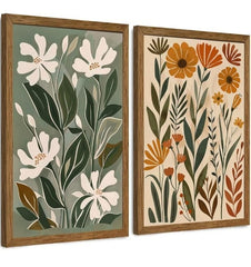 Boho Botanical Wall Art Set of 2 – Neutral Sage and Terracotta Floral Prints with Wood Frames
