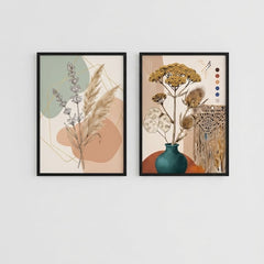 Boho Botanical Wall Art Set of 2 – Abstract Neutral Floral Prints with Black Frames