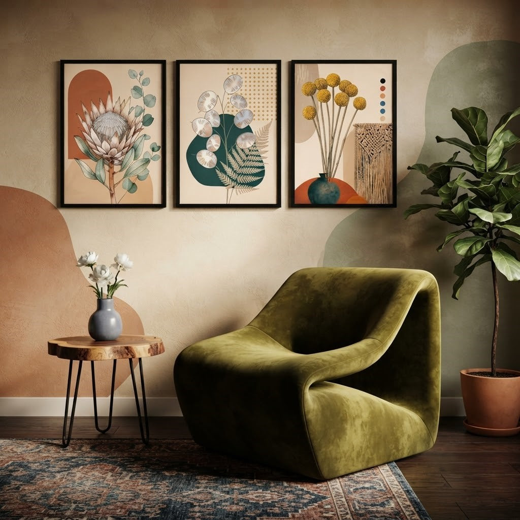 Boho Botanical Wall Art Set of 3 – Abstract Earthy Floral Prints with Black Frames
