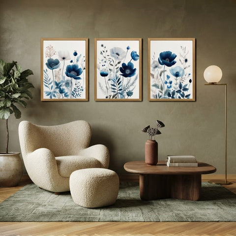 Indigo Blossom: 3-Piece Watercolor Floral Wall Art Set – Blue Poppy & Botanical Framed Art Trio