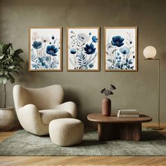 Indigo Blossom: 3-Piece Watercolor Floral Wall Art Set – Blue Poppy & Botanical Framed Art Trio