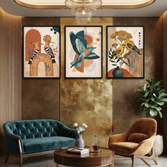 Boho Avian Wall Art Set of 3 – Abstract Vintage Bird Prints with Black Frames
