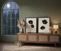 Minimalist Black Floral Wall Art Set of 2 – Elegant Botanical Poppy Prints with Black Frames