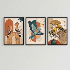 Boho Avian Wall Art Set of 3 – Abstract Vintage Bird Prints with Black Frames