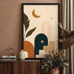 Celestial Boho Wall Art Set of 3 – Abstract Sun, Moon, and Botanical Prints with Black Frames