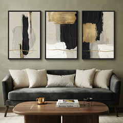 Modern Abstract Wall Art Set of 3 – Black, White, and Gold Brushstroke Prints with Black Frames