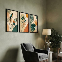 Tropical Paradise Wall Art Set of 3 – Abstract Parrot and Palm Leaf Prints with Black Frames