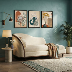 Boho Botanical Wall Art Set of 3 – Abstract Earthy Floral Prints with Black Frames