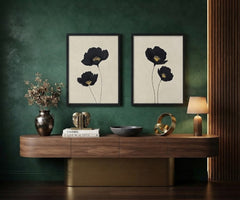 Minimalist Black Floral Wall Art Set of 2 – Elegant Botanical Poppy Prints with Black Frames