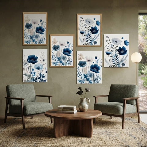 Indigo Blossom: 3-Piece Watercolor Floral Wall Art Set – Blue Poppy & Botanical Framed Art Trio