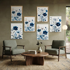 Indigo Blossom: 3-Piece Watercolor Floral Wall Art Set – Blue Poppy & Botanical Framed Art Trio