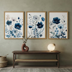 Indigo Blossom: 3-Piece Watercolor Floral Wall Art Set – Blue Poppy & Botanical Framed Art Trio