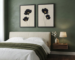Minimalist Black Floral Wall Art Set of 2 – Elegant Botanical Poppy Prints with Black Frames