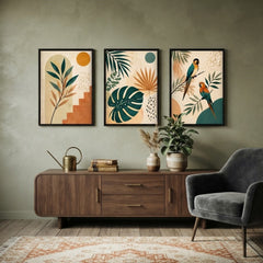 Tropical Paradise Wall Art Set of 3 – Abstract Parrot and Palm Leaf Prints with Black Frames