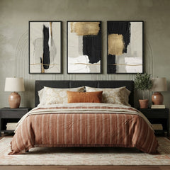 Modern Abstract Wall Art Set of 3 – Black, White, and Gold Brushstroke Prints with Black Frames