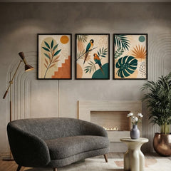Tropical Paradise Wall Art Set of 3 – Abstract Parrot and Palm Leaf Prints with Black Frames