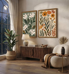 Boho Botanical Wall Art Set of 2 – Neutral Sage and Terracotta Floral Prints with Wood Frames