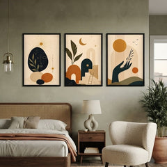 Celestial Boho Wall Art Set of 3 – Abstract Sun, Moon, and Botanical Prints with Black Frames