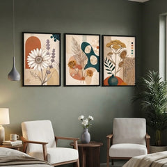 Boho Floral Wall Art Set of 3 – Abstract Daisy and Botanical Prints with Black Frames