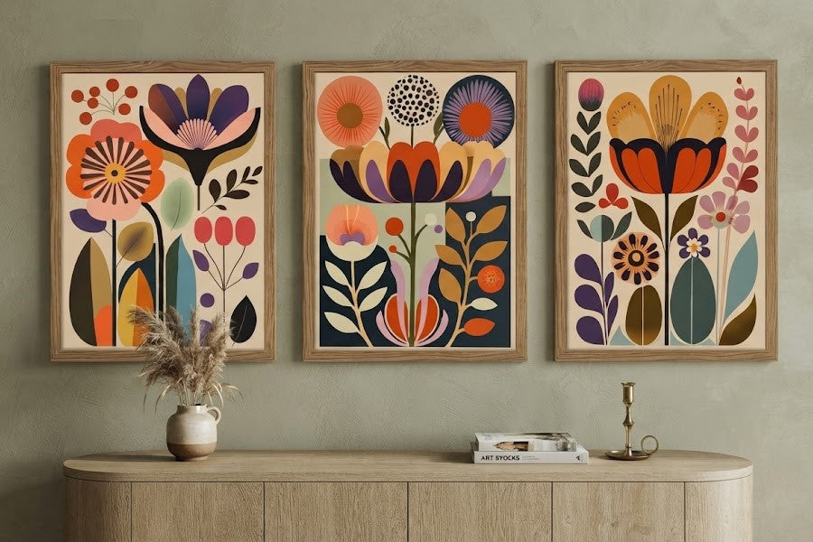 Retro Floral Wall Art Set of 3 – Vibrant Vintage Abstract Flower Prints with Wood Frames