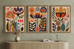 Retro Floral Wall Art Set of 3 – Vibrant Vintage Abstract Flower Prints with Wood Frames