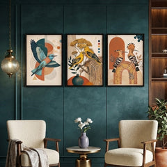 Boho Avian Wall Art Set of 3 – Abstract Vintage Bird Prints with Black Frames