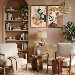 Boho Floral Wall Art Set of 3 – Abstract Daisy and Botanical Prints with Black Frames