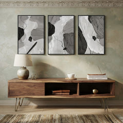 Monochrome Abstract 3-Piece Canvas Wall Art Set – Modern Black & White Textured Brushstrokes Framed Art Trio